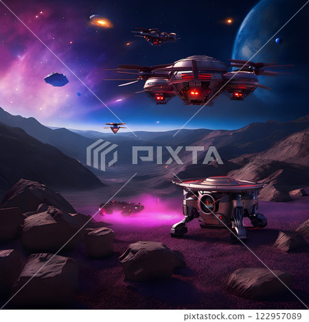 Futuristic Alien Landscape with Drones and Robotic Rovers Under Starry Sky Futuristic Alien Landscape with Drones and Robotic Rovers Under Starry Sky 122957089