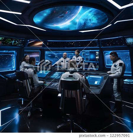Futuristic Spaceship Control Room with Astronauts and Advanced Technology Futuristic Spaceship Control Room with Astronauts and Advanced Technology 122957091
