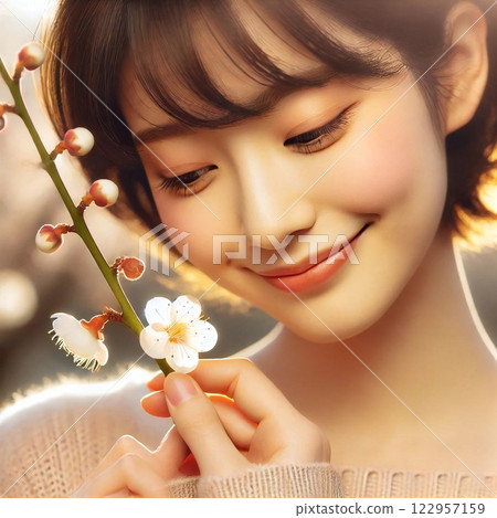 描繪一幅春天的場景:一位女孩輕輕採摘梅花,享受著梅花的香味,輕輕微笑。 描繪一幅春天的場景:一位女孩輕輕採摘梅花,享受著梅花的香味,輕輕微笑。 122957159