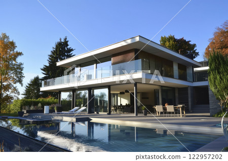 Modern house with a swimming pool. Generative AI 122957202