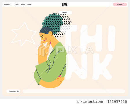 Thinking people, modern flat vector concept illustration- woman standing thoughtfully, looking down, bubble near head Metaphor for reflection, analysis, introspection, contemplation, deep thought 122957216