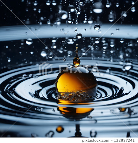Amber Drop Creating Ripples in Water 122957241