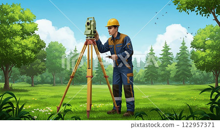 工人們在新綠中進行測量工作[建築、建設、林業] 122957371