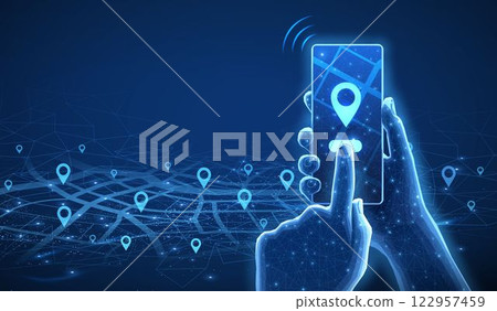Phone with map and pins. Phone mobile app, gps tracker, geo location 122957459