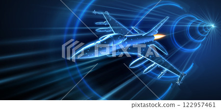 Fast fighter jet. Military aircraft, Aerospace innovation, AI in Air defense 122957461