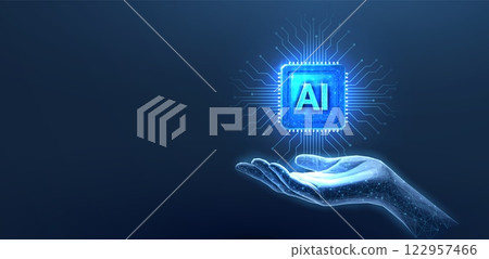 Chip with AI letters in hand. AI technology, robot core, electric line 122957466