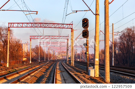 Railway tracks and signals at Darnytsia station, the largest station in Kyiv, Ukraine 122957509