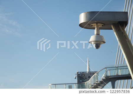 Security camera overlooking a modern urban bridge during daylight 122957836