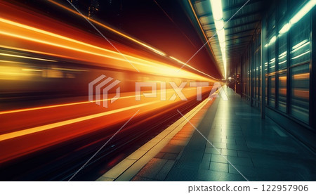 Modern High-Speed Orange Passenger Train Arriving At Sunlit Railway Station Platform With Blurred Motion Effect. Commercial Transportation On Railroad. 122957906