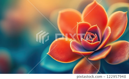 Vibrant Macro Shot Of A Red-Orange Succulent In Bloom With Soft Focus And Blue Or Yellow Accents In The Background. 122957948