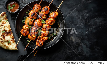 Authentic Indian Cuisine: Flavorful Chicken Tikka Masala And Butter Chicken Curry With Naan Bread, Spices, And Herbs. Presented On A Dark Stone Table. Top View With Copy Space. Authentic Indian Cuisine: Flavorful Chicken Tikka Masala And Butter Chicken Curry With Naan Bread, Spices, And Herbs. Presented On A Dark Stone Table. Top View With Copy Space. 122957967