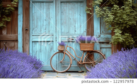 Old Wooden Door Adorned With Lavender Flowers And A Vintage Bicycle With A Basket Parked Nearby. Rustic Charm In The Countryside. 122957978