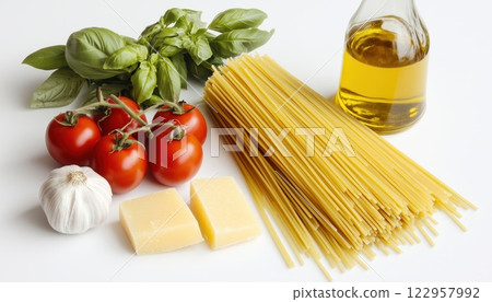 Italian Spaghetti Pasta Recipe: Raw Ingredients Like Onion, Tomatoes, Garlic, Basil, Parsley, Cheese, And Olive Oil On A White Table. 122957992