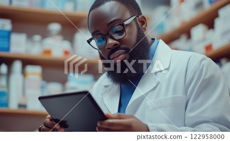 Portrait Of Professional Black Pharmacist Utilizing Digital Tablet To Manage Inventory Of Medicine, Drugs, Vitamins, And Health Care Products In Drugstore. Focus On Hands. Portrait Of Professional Black Pharmacist Utilizing Digital Tablet To Manage Inventory Of Medicine, Drugs, Vitamins, And Health Care Products In Drugstore. Focus On Hands. 122958000