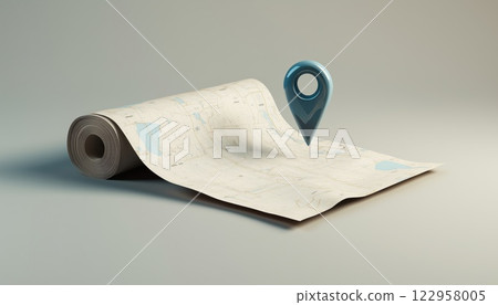 Folded Paper Map With Search Bar And Pin: Gps And Navigation Symbol For Map, Social Media, And Mobile Apps - 3d Web Design Element. 122958005