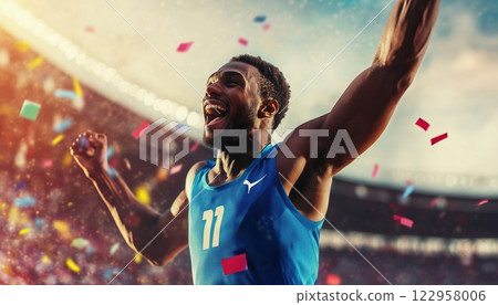 Athletic Star Triumphs In Unforgettable Victory Celebration After Winning The Game With A Spectacular Performance And Display Of Talent. 122958006