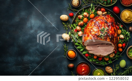 Homemade Easter Roasted Ham: Classic Glazed Baked Pork For A Festive Lunch Or Brunch Celebration. Perfect For The Easter Table. 122958032