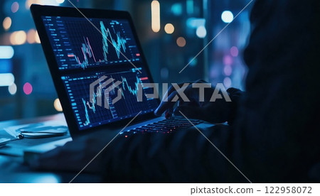 Businessman Analyzing Sales Data And Economic Growth With Laptop And Tablet, Implementing Business Strategy, Stock Market Analysis On Virtual Screen. Embracing Digital Marketing. 122958072