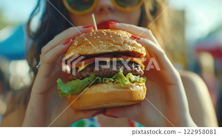 Stylish Hipster Woman Enjoying A Delicious Burger At A Street Food Festival During Summertime. Perfect For A Summer Vacation Picnic! 122958081