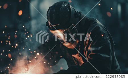 Industrial Worker Welding Stainless Steel Elements In Steel Structures Manufacturing Workshop While Wearing A Protective Mask. Work In Progress. 122958085