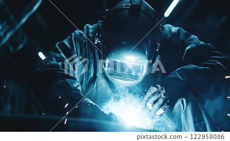 Industrial Worker Wearing Protective Mask Welding Stainless Steel Elements In Workshop For Steel Structure Manufacturing. 122958086