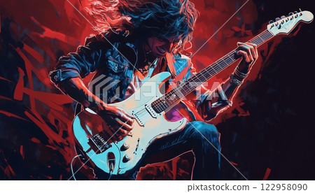 Electric Guitar Being Played By A Rock Musician, Showcasing Their Skills And Talent In The World Of Passionate And Electrifying Music. Electric Guitar Being Played By A Rock Musician, Showcasing Their Skills And Talent In The World Of Passionate And Electrifying Music. 122958090