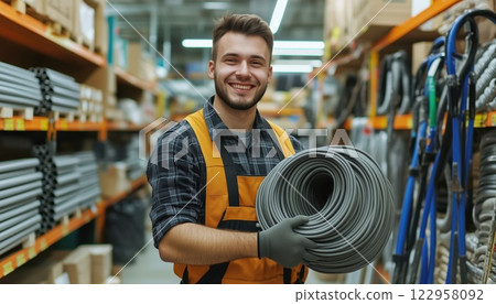 Cheerful Salesman With Gray Pvc U Drain Pipes In Hardware Store Aisle Offering High-Quality Tools And Construction Materials. 122958092