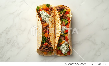 Traditional Greek Gyros: A Healthy Snack And Lunch Option With Tortillas Or Pita Bread, Fresh Vegetables, Beef, And Tzatziki Sauce. Top View On Stone Table. Traditional Greek Gyros: A Healthy Snack And Lunch Option With Tortillas Or Pita Bread, Fresh Vegetables, Beef, And Tzatziki Sauce. Top View On Stone Table. 122958102