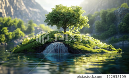 Breathtaking Landscape Of Green Island Forest With Lush Trees, Majestic Mountains, And Refreshing Waterfalls In A 3d Environment. Grass Surface With Scenic Waterfall. Breathtaking Landscape Of Green Island Forest With Lush Trees, Majestic Mountains, And Refreshing Waterfalls In A 3d Environment. Grass Surface With Scenic Waterfall. 122958109