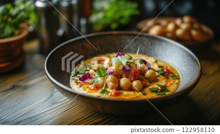 Middle Eastern Dish: Fattet Hummus With Chickpeas, Served In A Bowl On A Wooden Table - Side View Of Authentic Cuisine 122958110