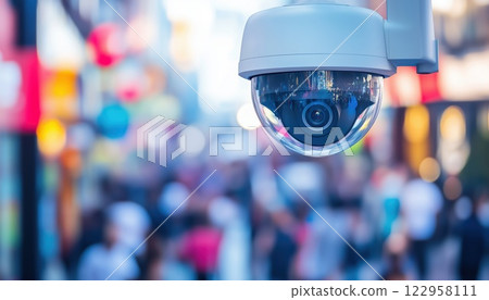Enhanced Security With Ai Facial Recognition Camera Zooming In On Individuals In Urban Settings For Surveillance Purposes And Data Analysis. 122958111