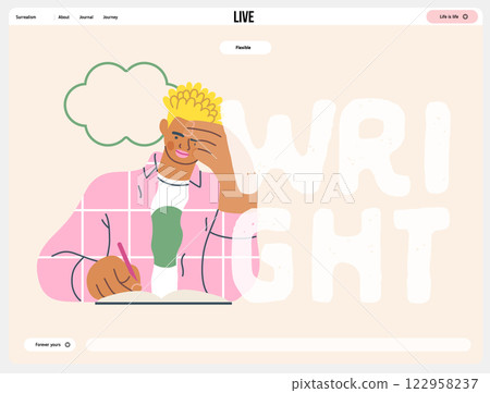 Writing people, modern flat vector concept illustration- sitting man thoughtfully writing on notebook, bubble near head Metaphor for reflection, personal insight, contemplation, creative expression Writing people, modern flat vector concept illustration- sitting man thoughtfully writing on notebook, bubble near head Metaphor for reflection, personal insight, contemplation, creative expression 122958237