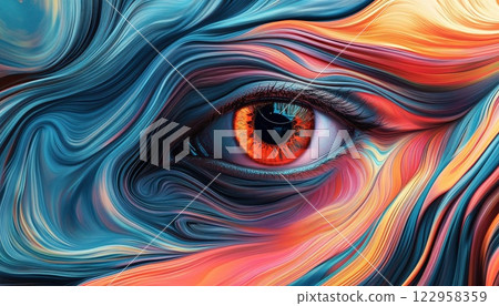Psychedelic Abstract With Eye: Creation Through Algorithm Of Reaction-Diffusion Or Turing Pattern Formation. Explore The Mesmerizing World Of Digital Art. 122958359