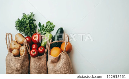 Eco-Friendly Grocery Shopping With Natural Bags: Fruits And Vegetables, Sustainable Living, Zero Waste, Plastic-Free, Embracing The 3rs. 122958361