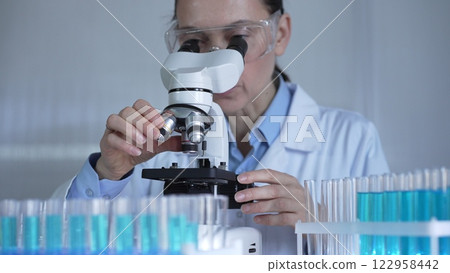 A female scientist, wearing a lab coat and safety glasses, is adjusting a binocular microscope surrounded by test tubes in laboratory setting. Medicine and science 122958442