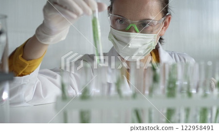 Woman scientist and researcher, wearing a lab coat, green protective gloves and face mask holding a test tube with plants inside, close up. Science concepts 122958491