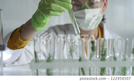 Woman scientist wearing a lab coat, green gloves and mask holding a test tube with plants inside, close up. Science and medicine concepts 122958507