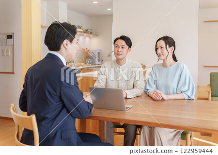 A real estate salesman and a customer couple talking 122959444