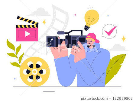 Videography Services Vector Illustration featuring Video Recording Production, Film Making, Videographer Equipment, and the Cinema Industry Videography Services Vector Illustration featuring Video Recording Production, Film Making, Videographer Equipment, and the Cinema Industry 122959802