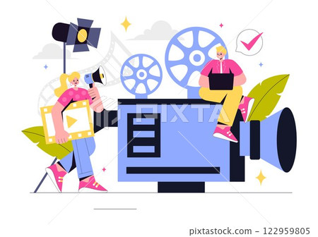 Videography Services Vector Illustration featuring Video Recording Production, Film Making, Videographer Equipment, and the Cinema Industry 122959805
