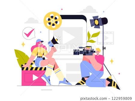 Videography Services Vector Illustration featuring Video Recording Production, Film Making, Videographer Equipment, and the Cinema Industry 122959809