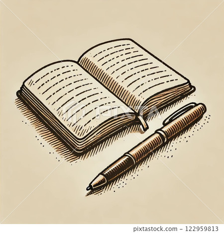 筆記本和筆的手寫插圖 筆記本和筆的手寫插圖 122959813
