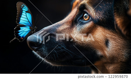 A magical moment when a blue butterfly lands on a black German Shepherd's nose A magical moment when a blue butterfly lands on a black German Shepherd's nose 122959870