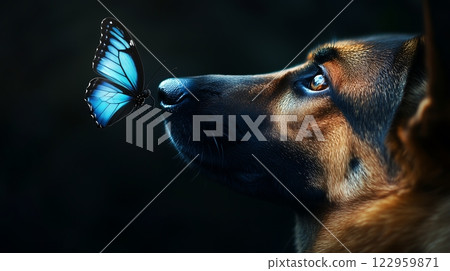 攝影棚拍攝中牧羊人與藍蝴蝶之間的美麗邂逅 攝影棚拍攝中牧羊人與藍蝴蝶之間的美麗邂逅 122959871