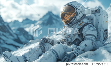 夢幻般的冬季景觀，太空人坐在雪山上 122959955