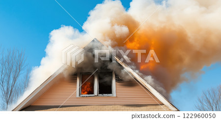 house fire with smoke and flames billowing from roof, creating dramatic scene 122960050