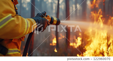 Firefighter using high pressure water hose to combat wildfires 122960070