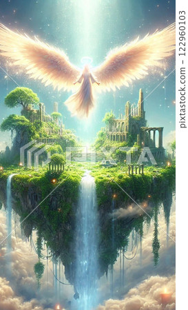 A fantastical floating island spread out above the clouds, and an angel descended above it in a flash of light. 122960103
