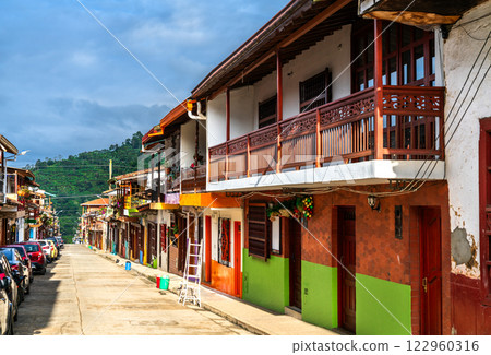 Vibrant colonial architecture in the historic old town of Jardin, Antioquia, Colombia 122960316