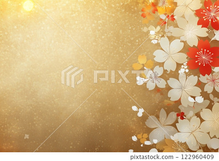 設計優雅，櫻花和梅花裝飾有金色日本波浪圖案 122960409